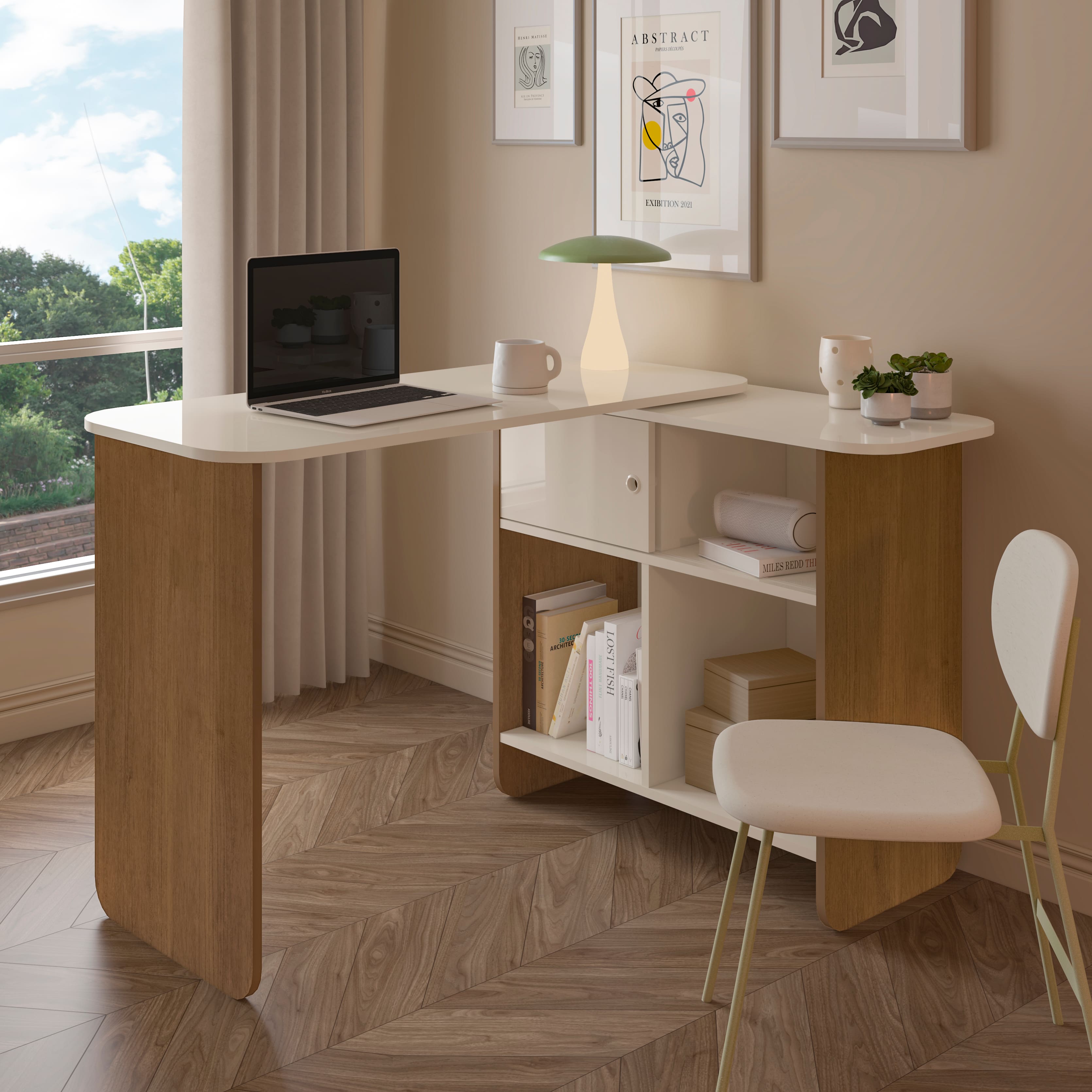 Escrivaninha Artely Nomad Tampo Rotativo Porta de Correr 4 Nichos Off White Cinamomo - 1