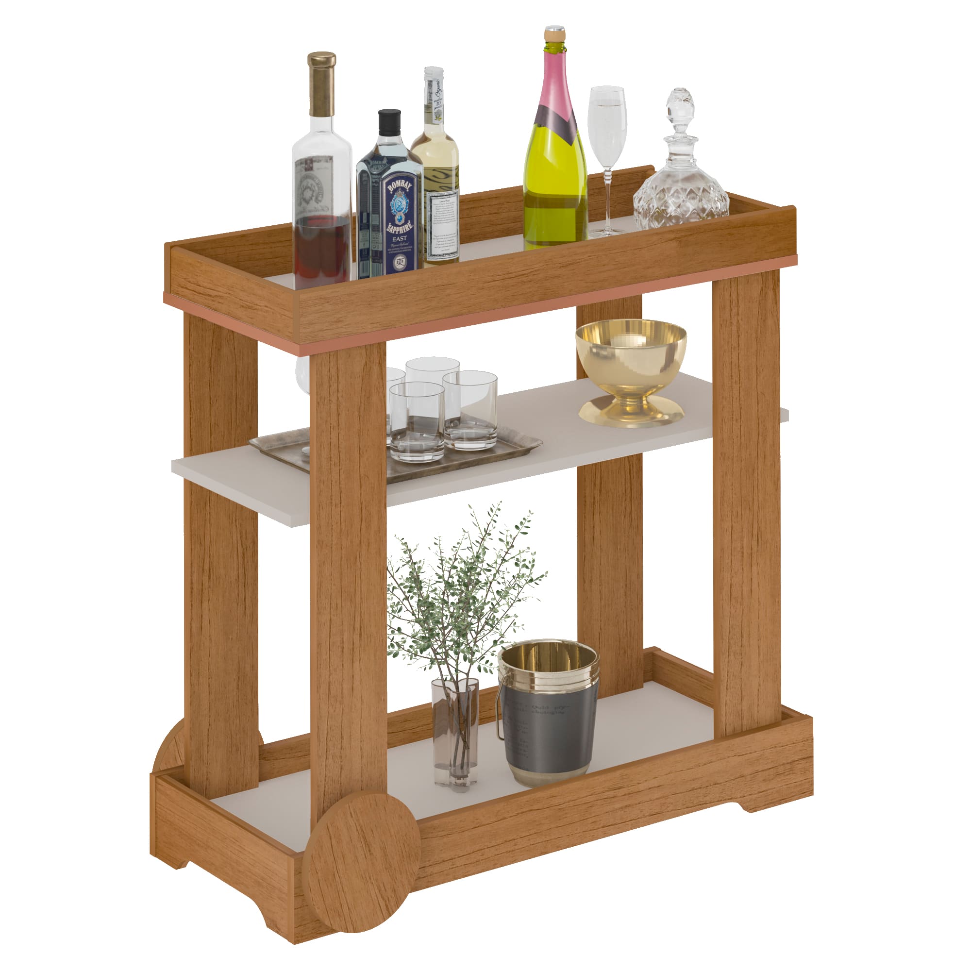 Carrinho Bar Artely Móveis Rosé 1 Prateleira Rodízios Funcionais MDF - Cinamomo/Off White - 2
