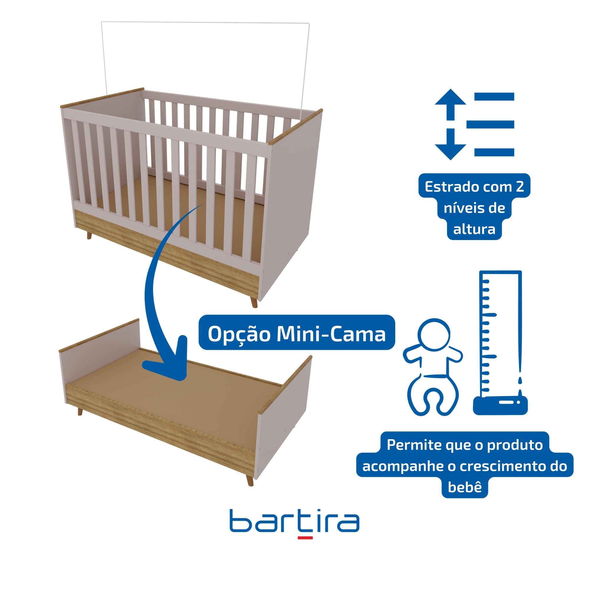 Berço 2 em 1 Bartira Ternura Plus MDP Acabamento FF - Rosa Wood - 2