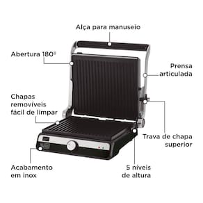 Grill Elétrico Black+Decker G1500G Gourmand Gris 1500W Abertura 180° Chapas Removíveis Antiaderente Inox - 220V - 3