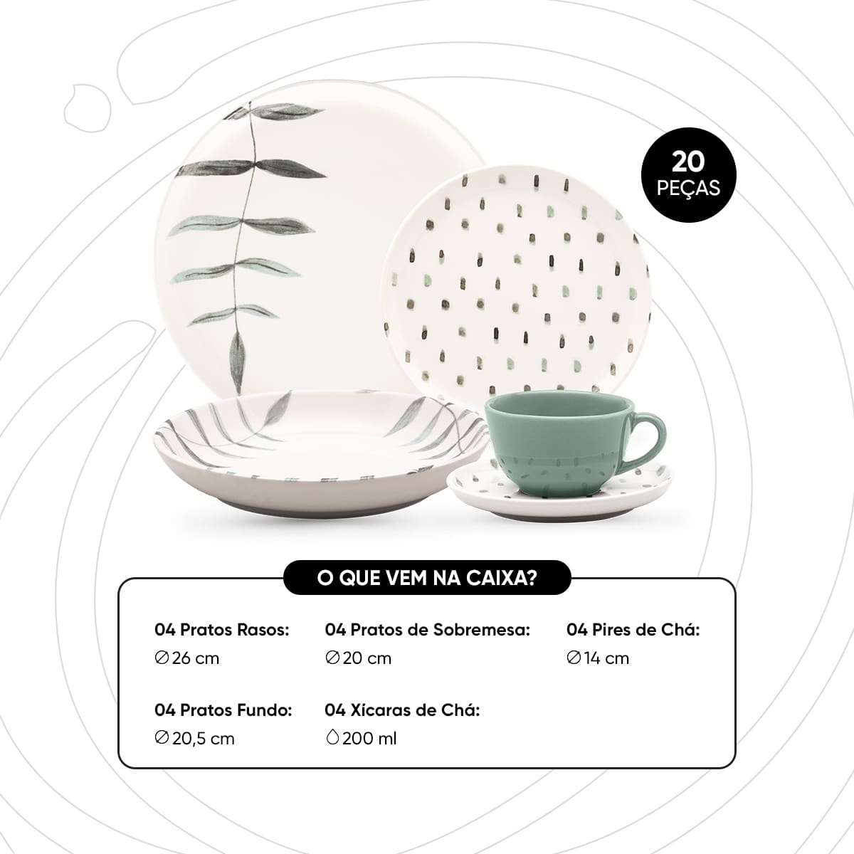 Aparelho de Jantar Oxford Samambaia 20 Peças Cerâmica Esmaltada Verde e Off White - 1