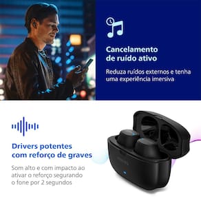 Fone de Ouvido Philips TAT2500BK/00 Intra-Auricular True Wireless Bluetooth Cancelamento de Ruído 24h Bateria Preto - 1