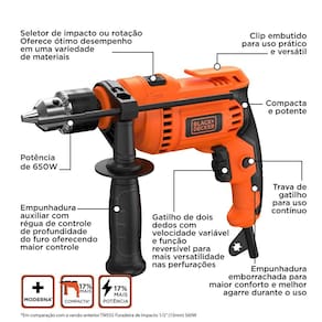 Furadeira de Impacto Black+Decker BED713650 1/2” 650W Empunhadura Ergonômica Gatilho Anatômico Laranja e Preta - 110V - 3