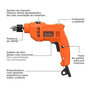 Furadeira de Impacto Black+Decker BED710450 3/8” 450W Empunhadura Ergonômica Gatilho Anatômico Laranja e Preta - 110V - 3