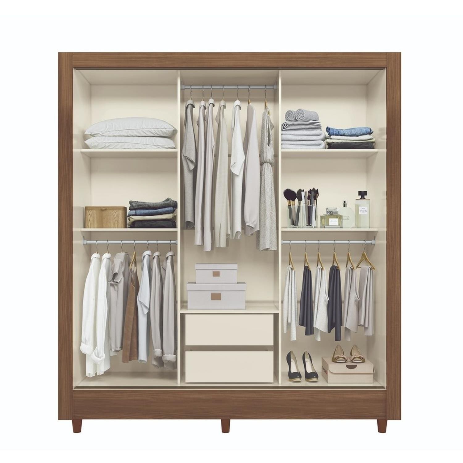 Guarda Roupa Santos Andirá Lisboa 3 Portas Deslizantes com Espelho - Jequitibá/Off White - 1