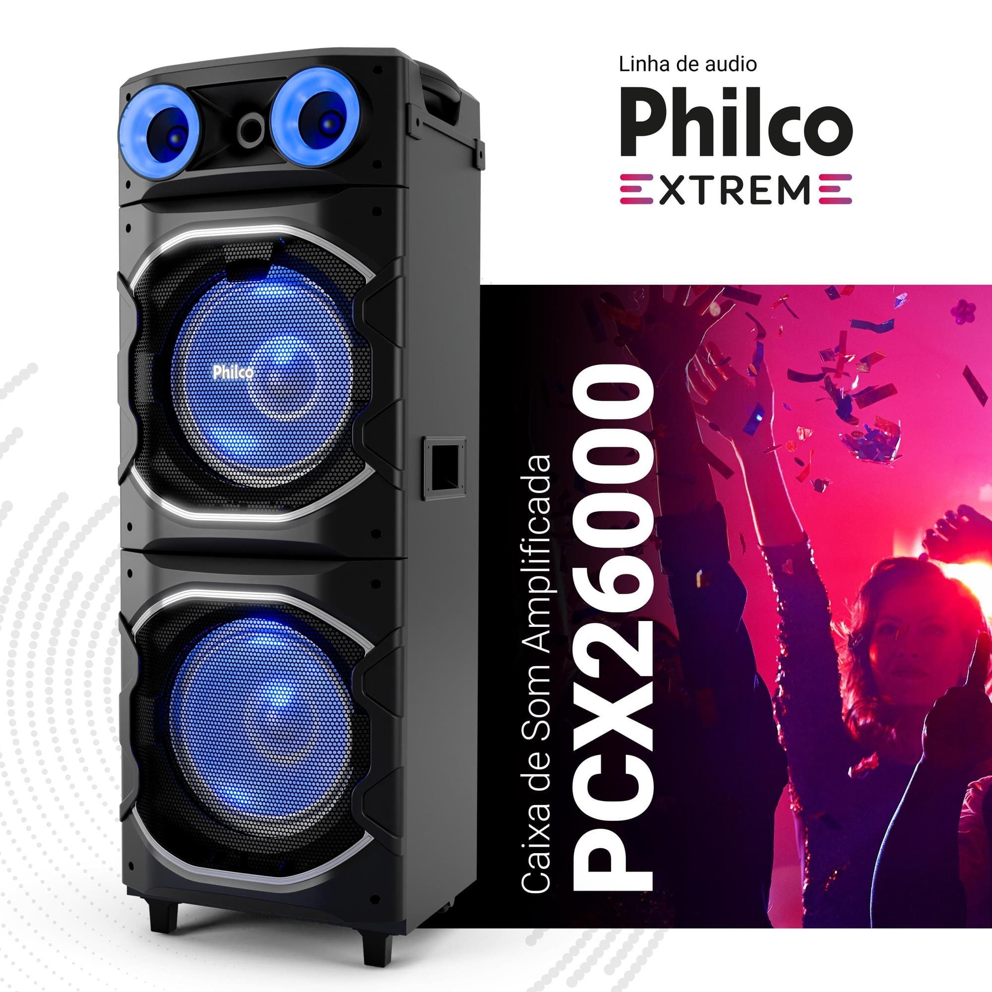 Torre de Som Philco PCX26000 2600W Bluetooth Woofer Duplo 12” Flash Light Preta - 1