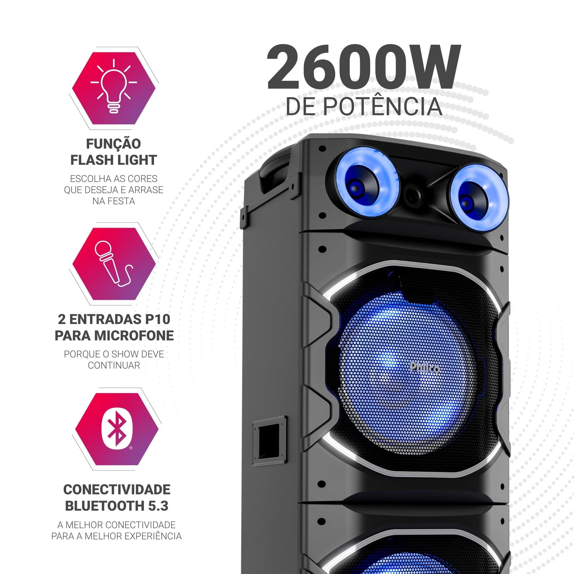 Torre de Som Philco PCX26000 2600W Bluetooth Woofer Duplo 12” Flash Light Preta - 2