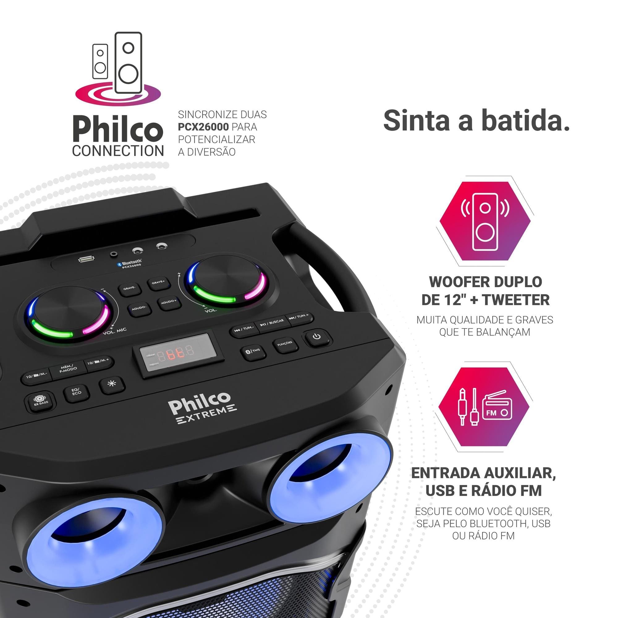 Torre de Som Philco PCX26000 2600W Bluetooth Woofer Duplo 12” Flash Light Preta - 3