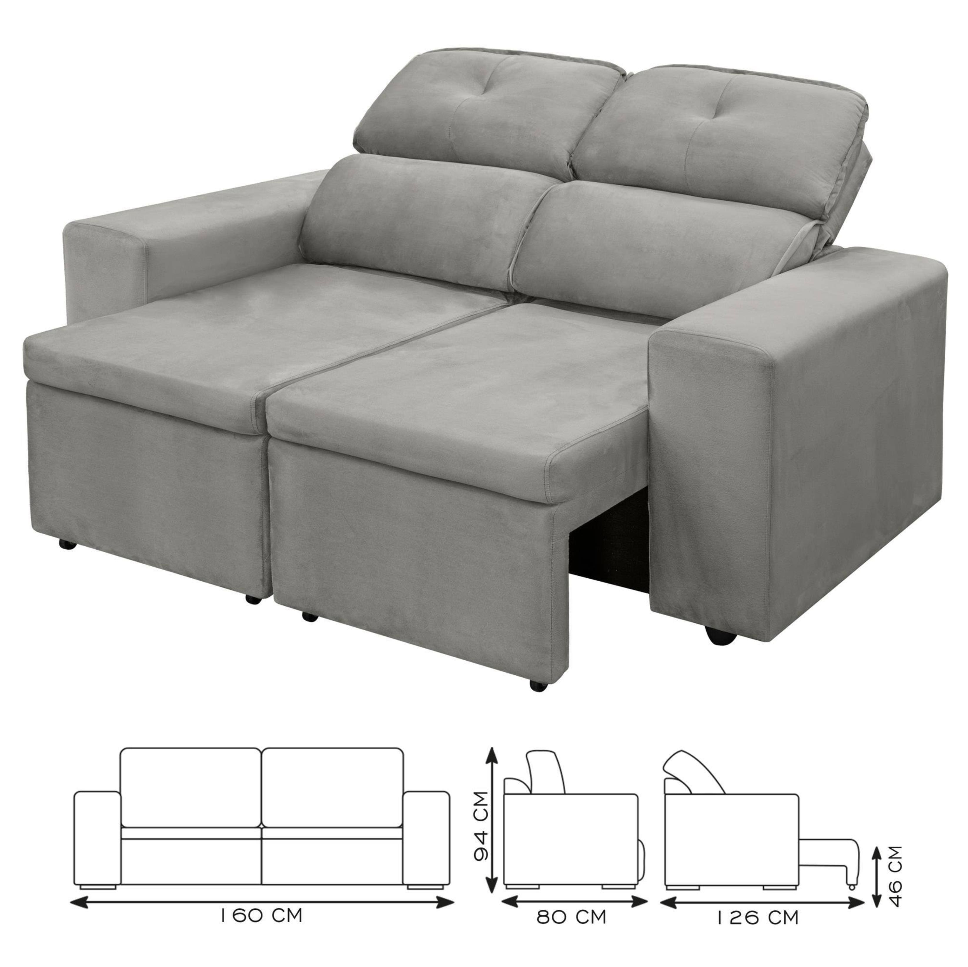 Sofá 3 Lugares Bartira Vegas Revestido em Veludo Espuma D24 Assento Retrátil Encosto Reclinável D24 - 160cm de Largura - Cinza - 3