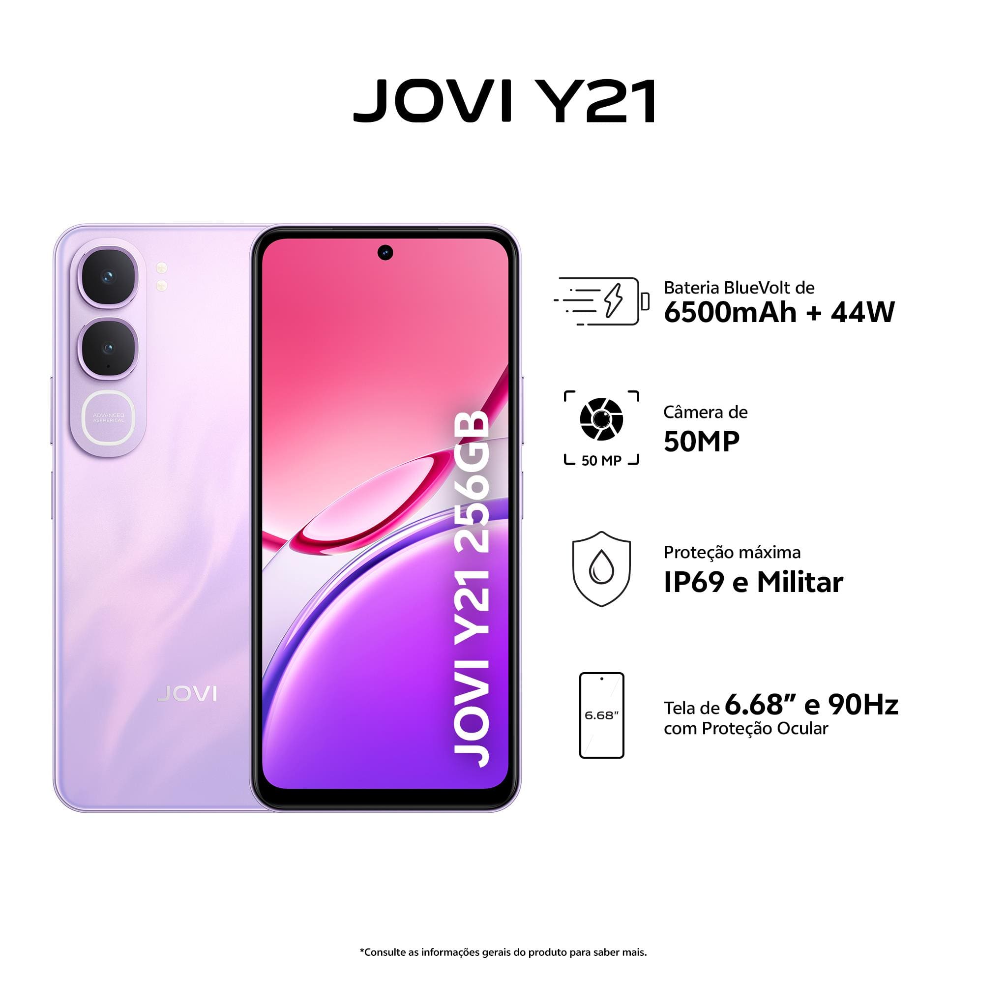 Smartphone JOVI Y21 4G Tela 6.68" 256GB Câmera 50MP Bateria 6500mAh Lilás - 2