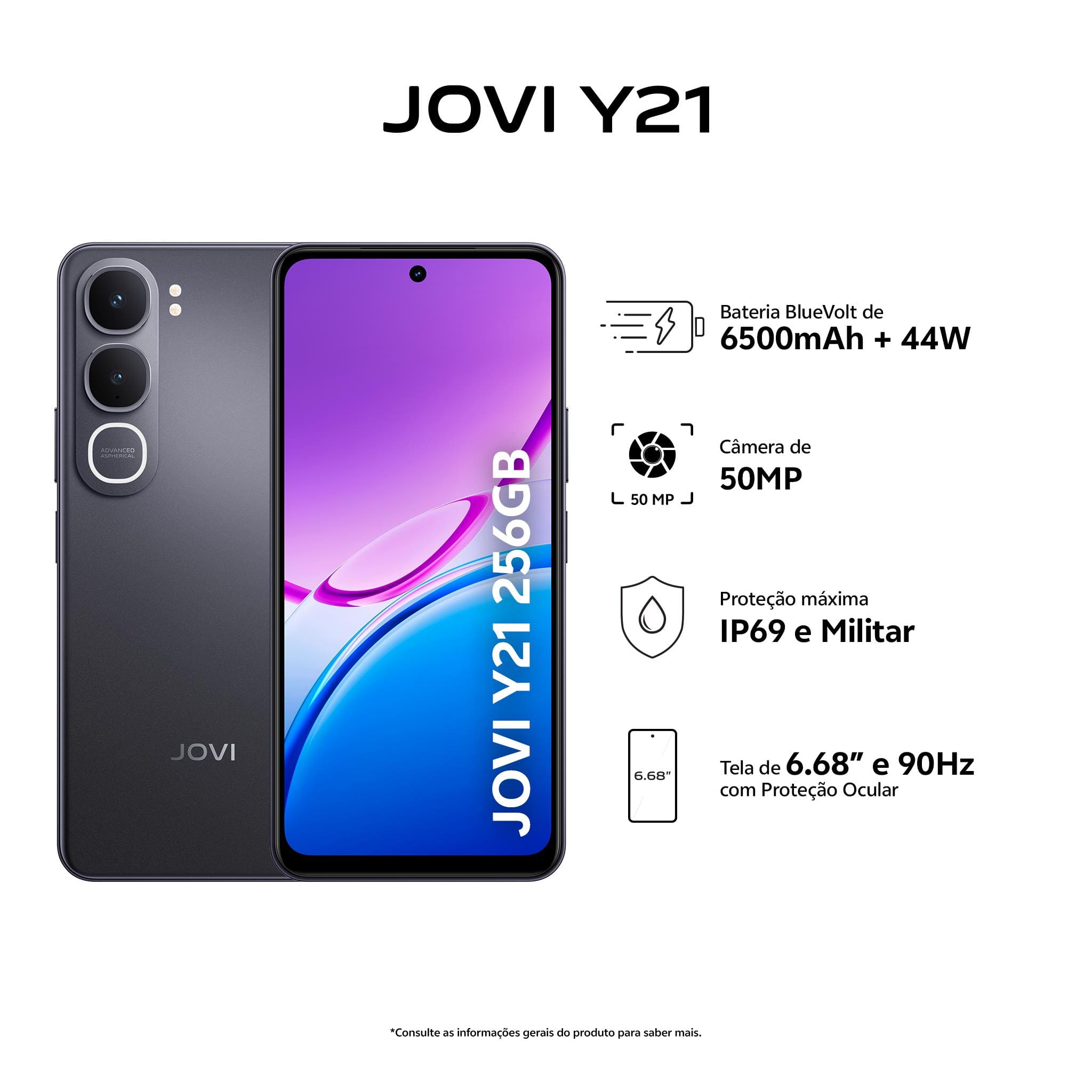 Smartphone JOVI Y21 4G Tela 6.68" 256GB Câmera 50MP Bateria 6500mAh Preto - 2