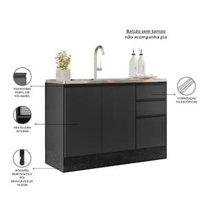 Balcão de Cozinha Poliman Etna 120cm 3 Portas 2 Gavetas Grafite - 1