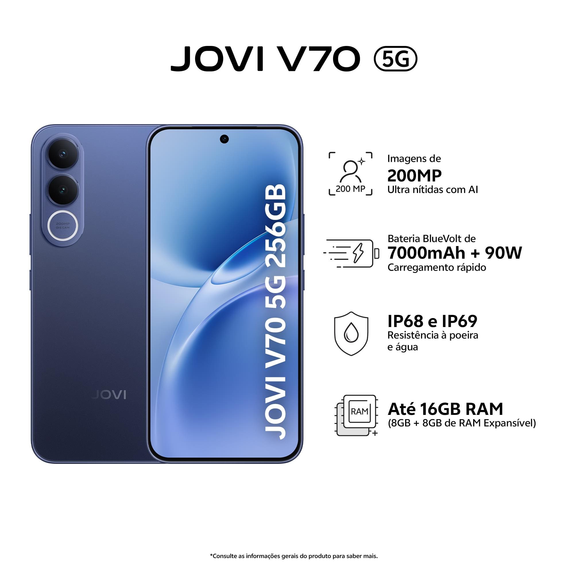 Smartphone JOVI V70 5G Tela 6.83" 256GB Câmera 200MP Bateria 7000mAh Azul Safira - 2