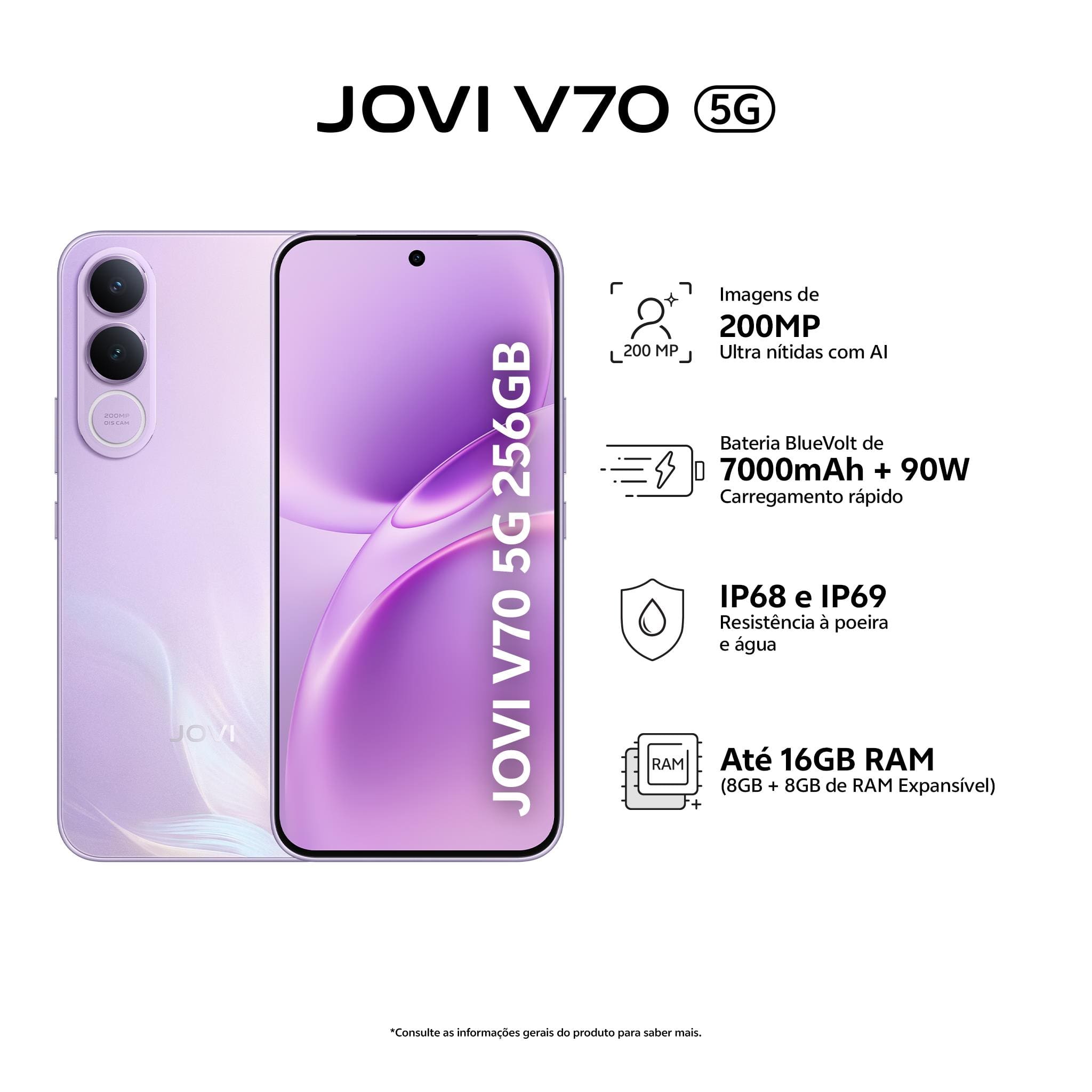 Smartphone JOVI V70 5G Tela 6.83" 256GB Câmera 200MP Bateria 7000mAh Lilás Boreal - 2