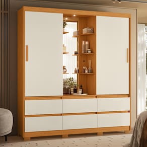 Guarda-Roupa Palumóveis Atena Casal 2 Portas de Correr 6 Gavetas com Camarim e LED - Cinamomo | Off White - 1