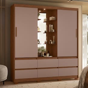 Guarda-Roupa Palumóveis Atena Casal 2 Portas de Correr 6 Gavetas com Camarim e LED - Nogueira / Capuccino - 1