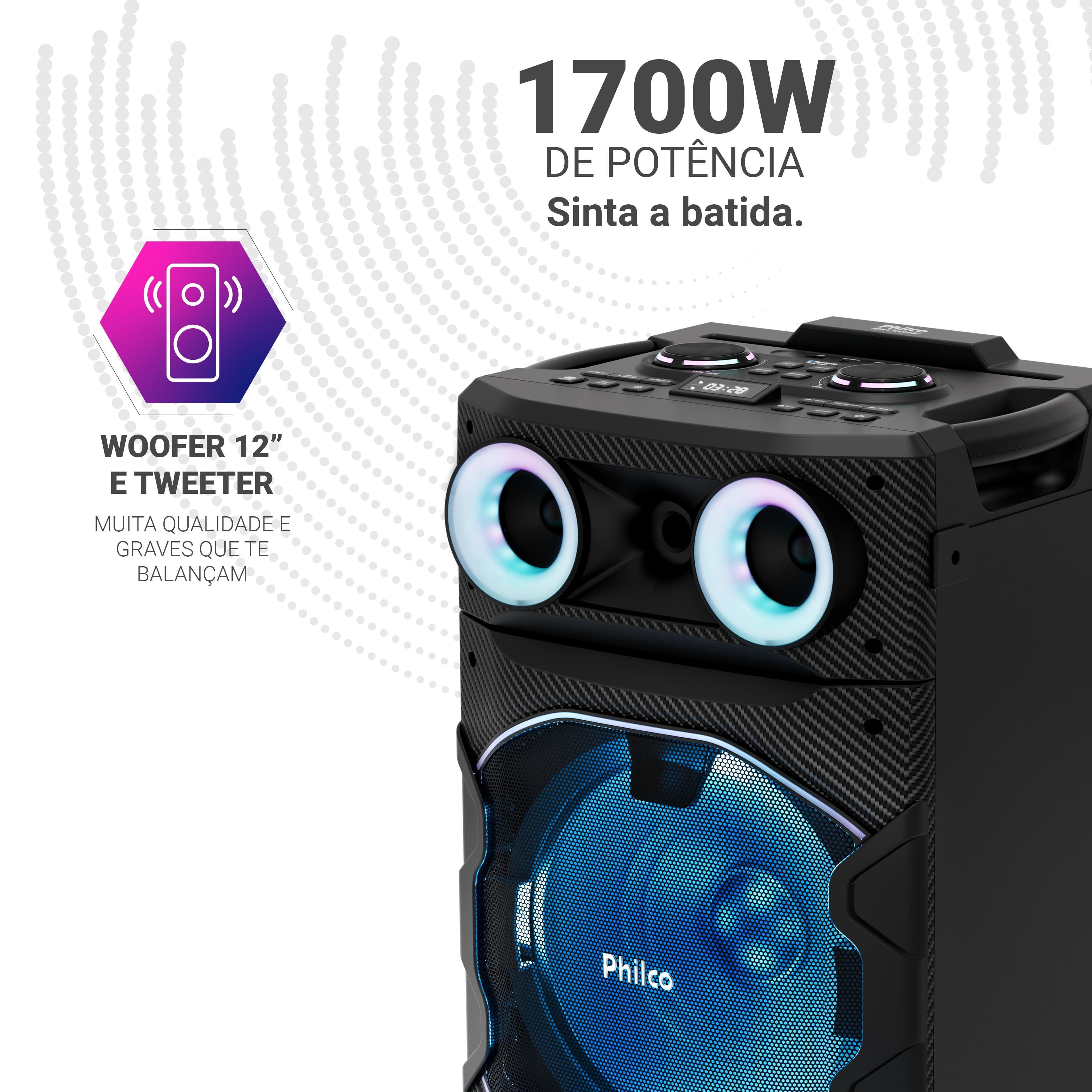 Caixa de Som Amplificada Philco PCX7300 1700W Bluetooth Rádio FM Preta - 1