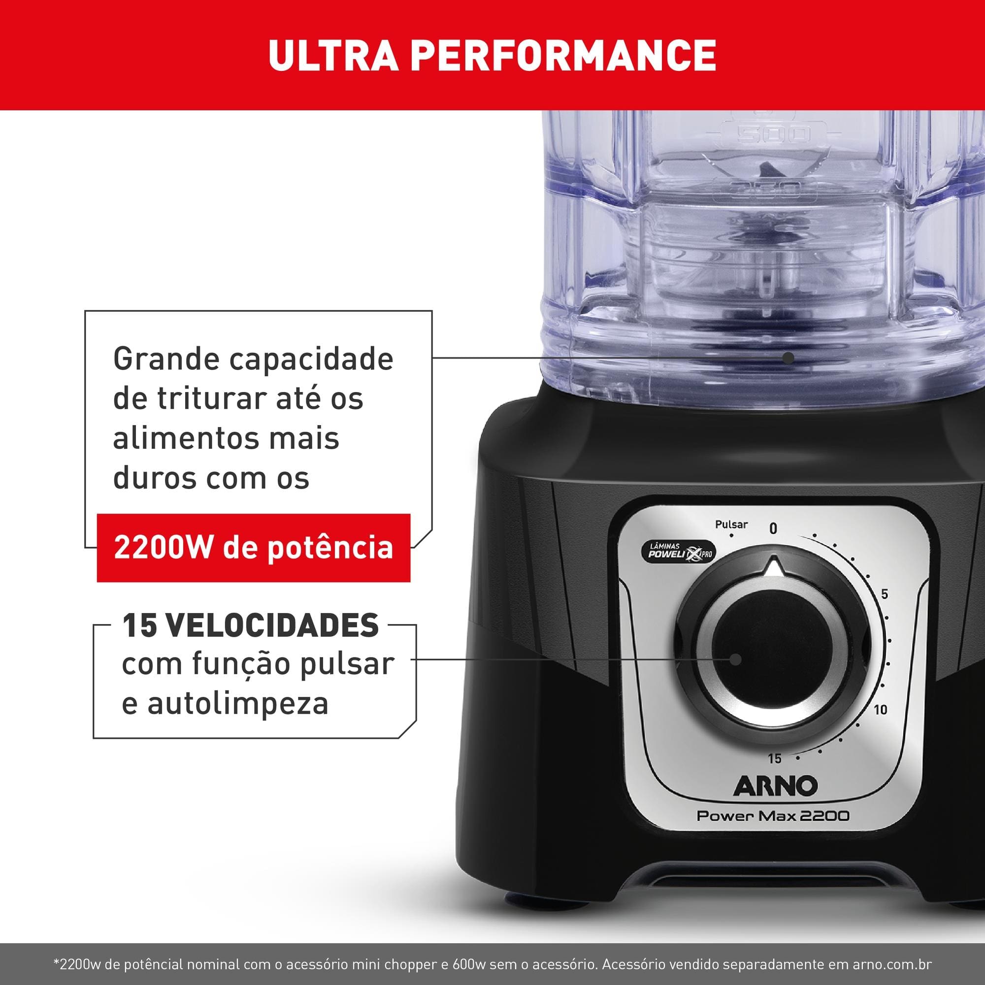 Liquidificador Arno Power Max LN66 2200W 3,1L 15 Velocidades Preto - 110V - 3