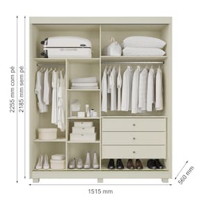 Guarda-Roupa Solteiro Móveis Europa Lumi 2 Portas de Correr com Espelho 3 Gavetas - Off White/Peroba - 3