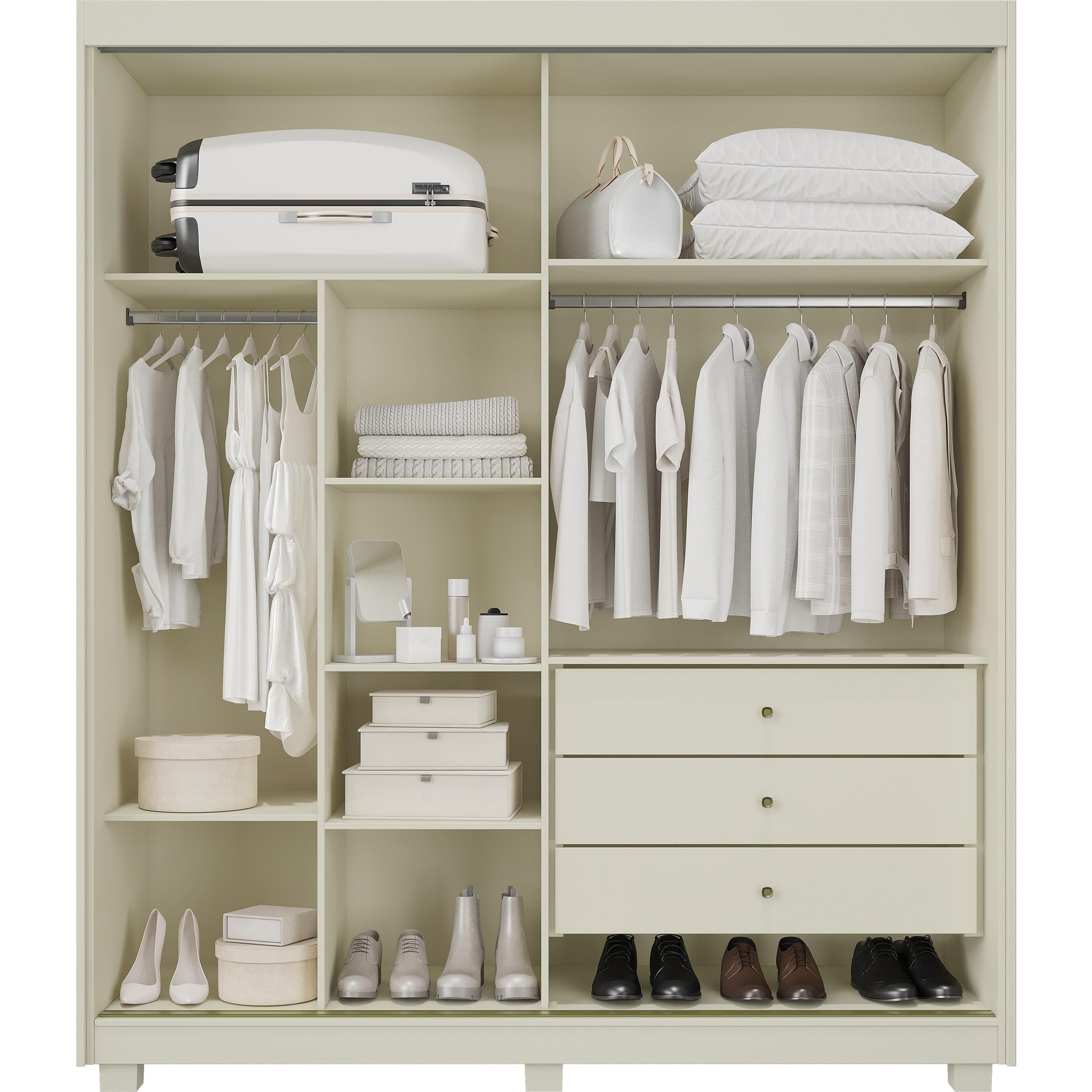 Guarda-Roupa Solteiro Móveis Europa Lumi 2 Portas de Correr com Espelho 3 Gavetas - Off White/Peroba - 2