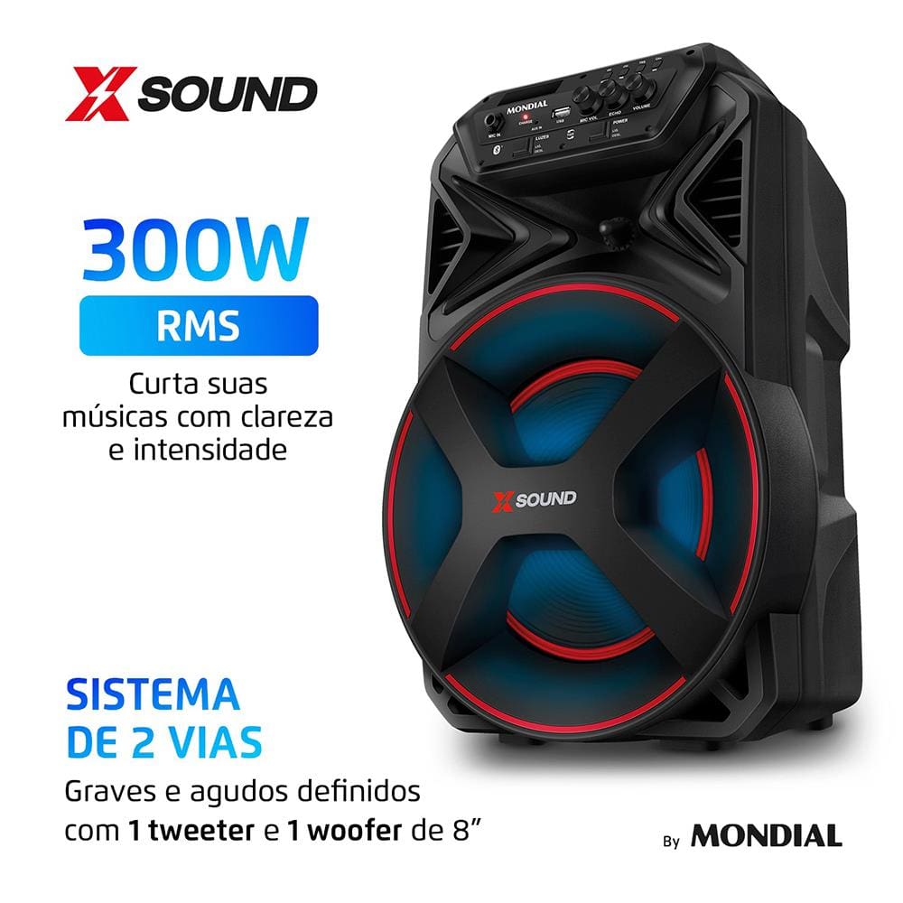 Caixa de Som Amplificada Mondial XSound CM-300-N 300W Bluetooth Bateria até 9h Preta - 1