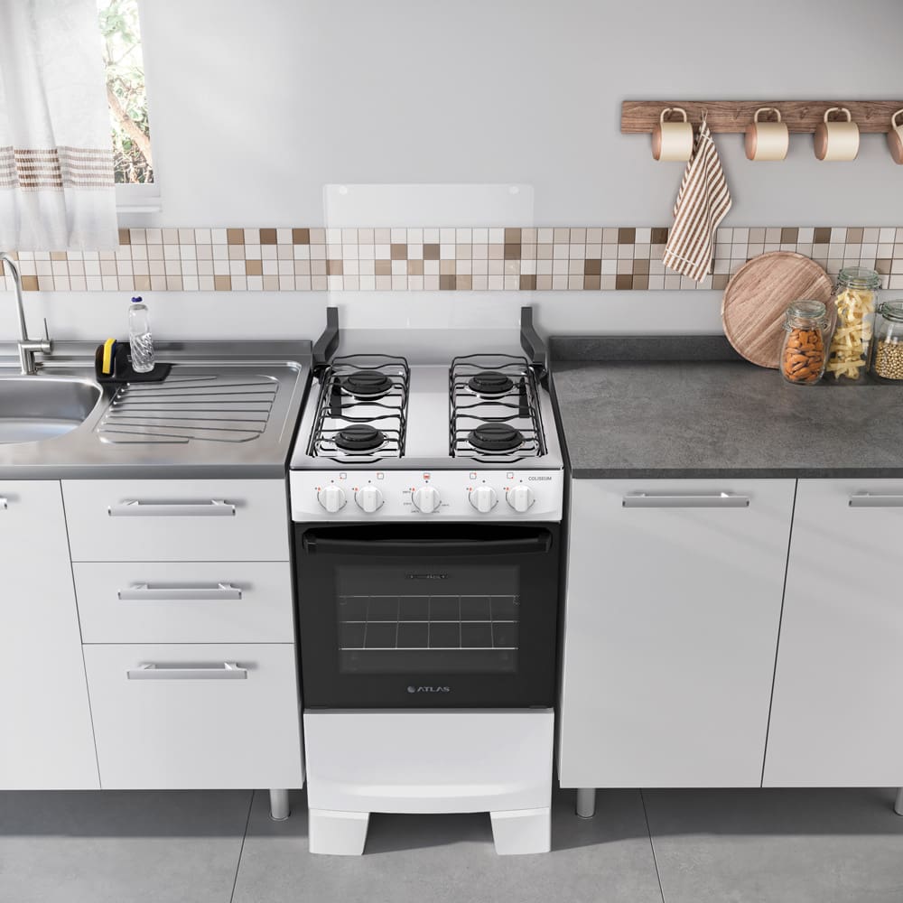 Fogão Atlas Coliseum 4 Bocas Plus Pés Altos Queimadores Limpa Fácil Branco - 1