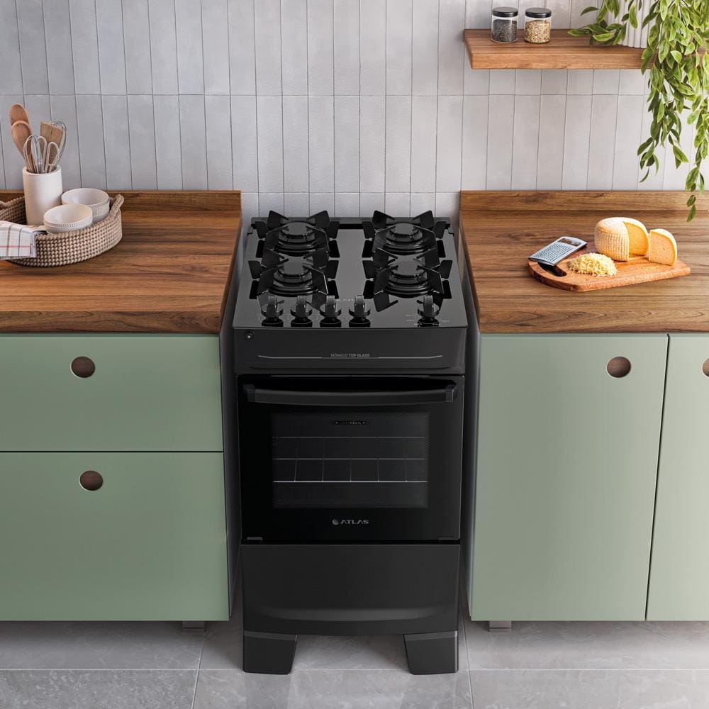 Fogão Atlas Mônaco Top Glass 4 Bocas com Mesa de Vidro e Acendimento Automático Bivolt Preto - 1