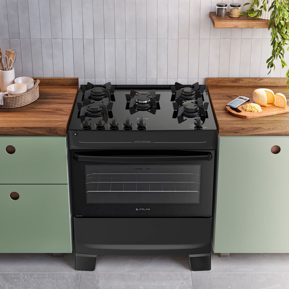 Fogão Atlas Mônaco Top Glass 5 Bocas com Mesa de Vidro e Mega Chama Bivolt Preto - 1