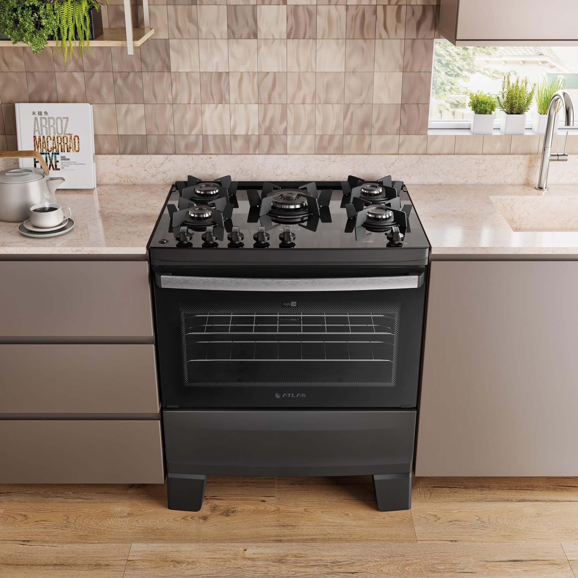 Fogão Atlas Agile Up Glass 5 Bocas com Mesa de Vidro e Tripla Chama Bivolt Preto - 1