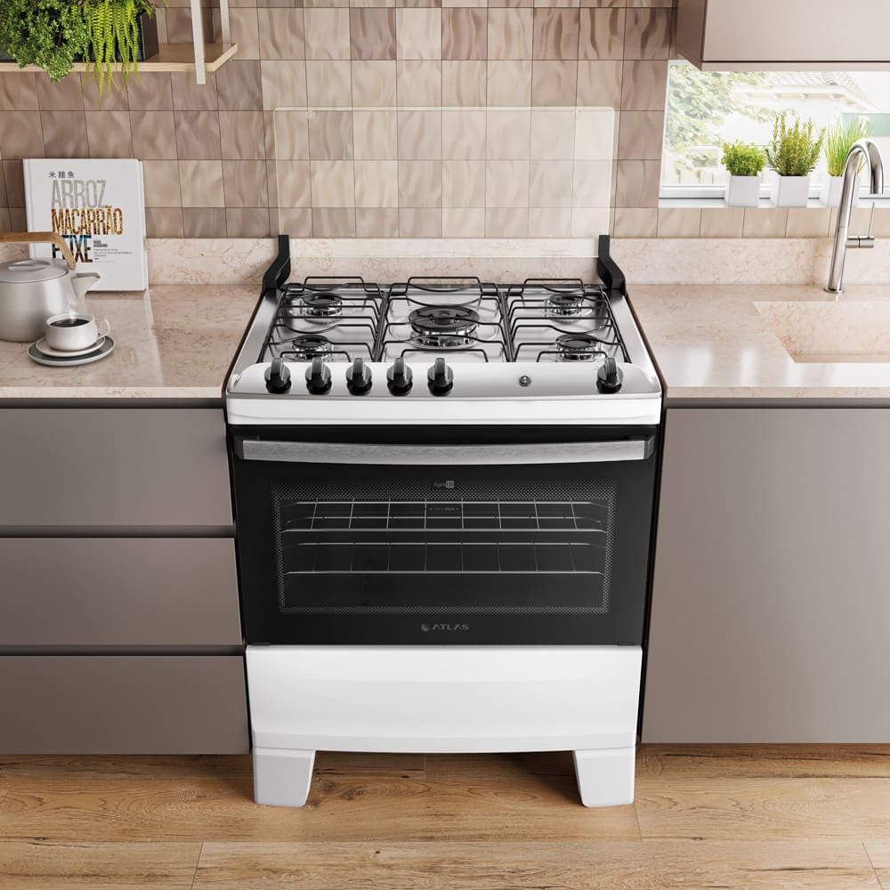 Fogão Atlas Agile Up 5 Bocas com Mesa Inox Tripla Chama e Acendimento Automático Bivolt Branco - 1