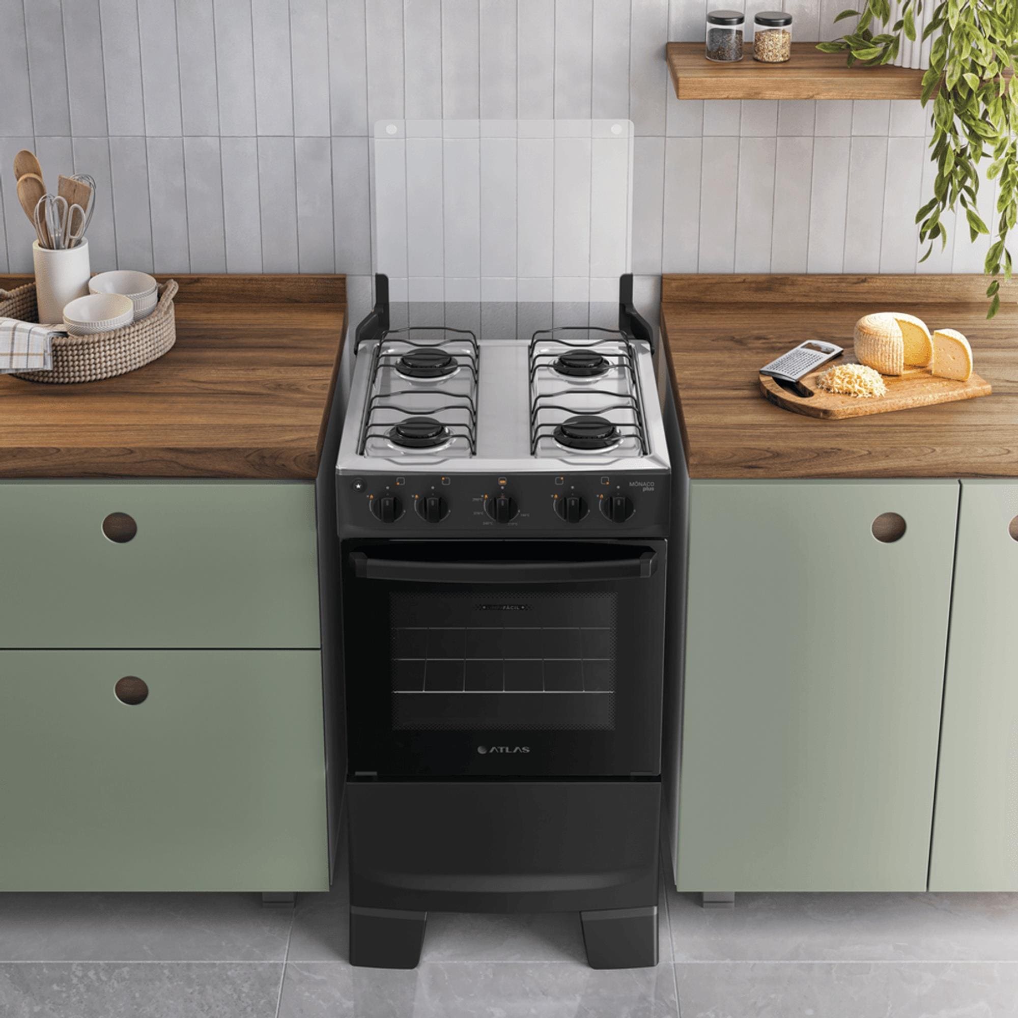 Fogão Atlas Mônaco Plus 4 Bocas com Mesa Inox e Acendimento Automático Bivolt Preto - 1