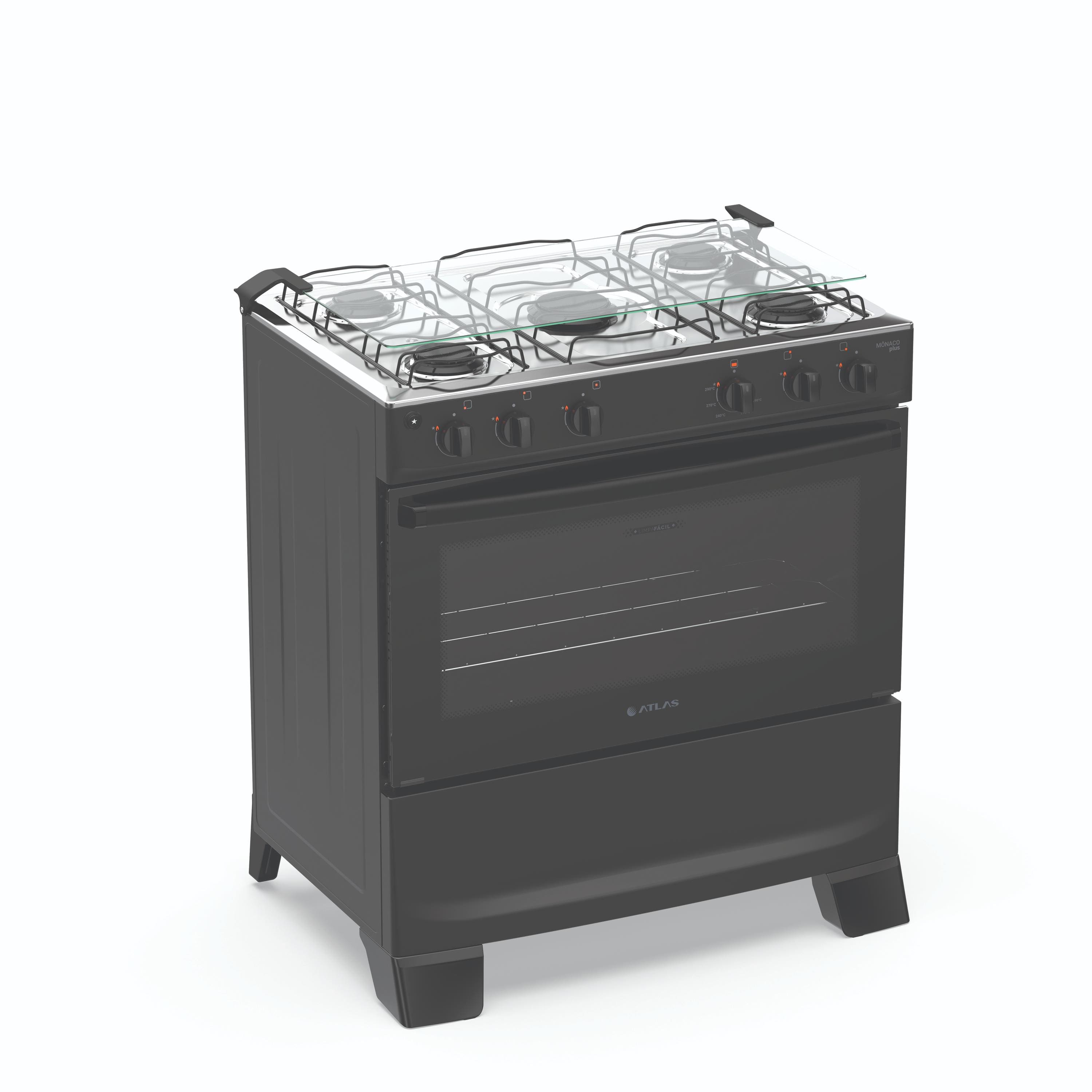 Fogão 5 Bocas Atlas Mônaco Plus com Mesa Inox Acendimento Automático Preto Bivolt - 1