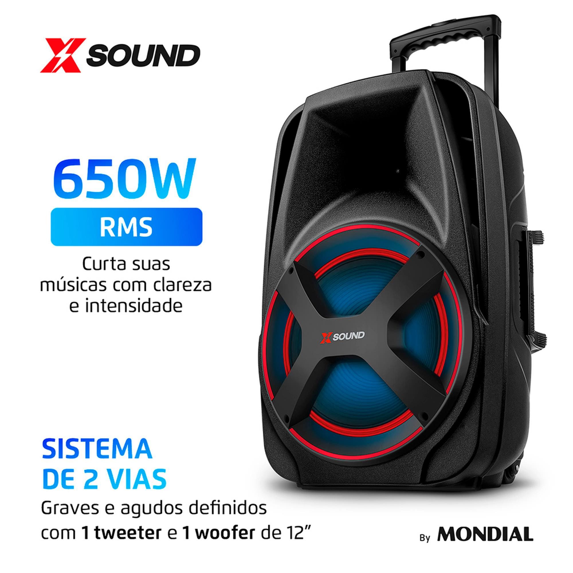 Caixa de Som Amplificada Mondial XSound CM-650-N 650W Bluetooth RGB Color Lights Bateria até 9h Preta - 1