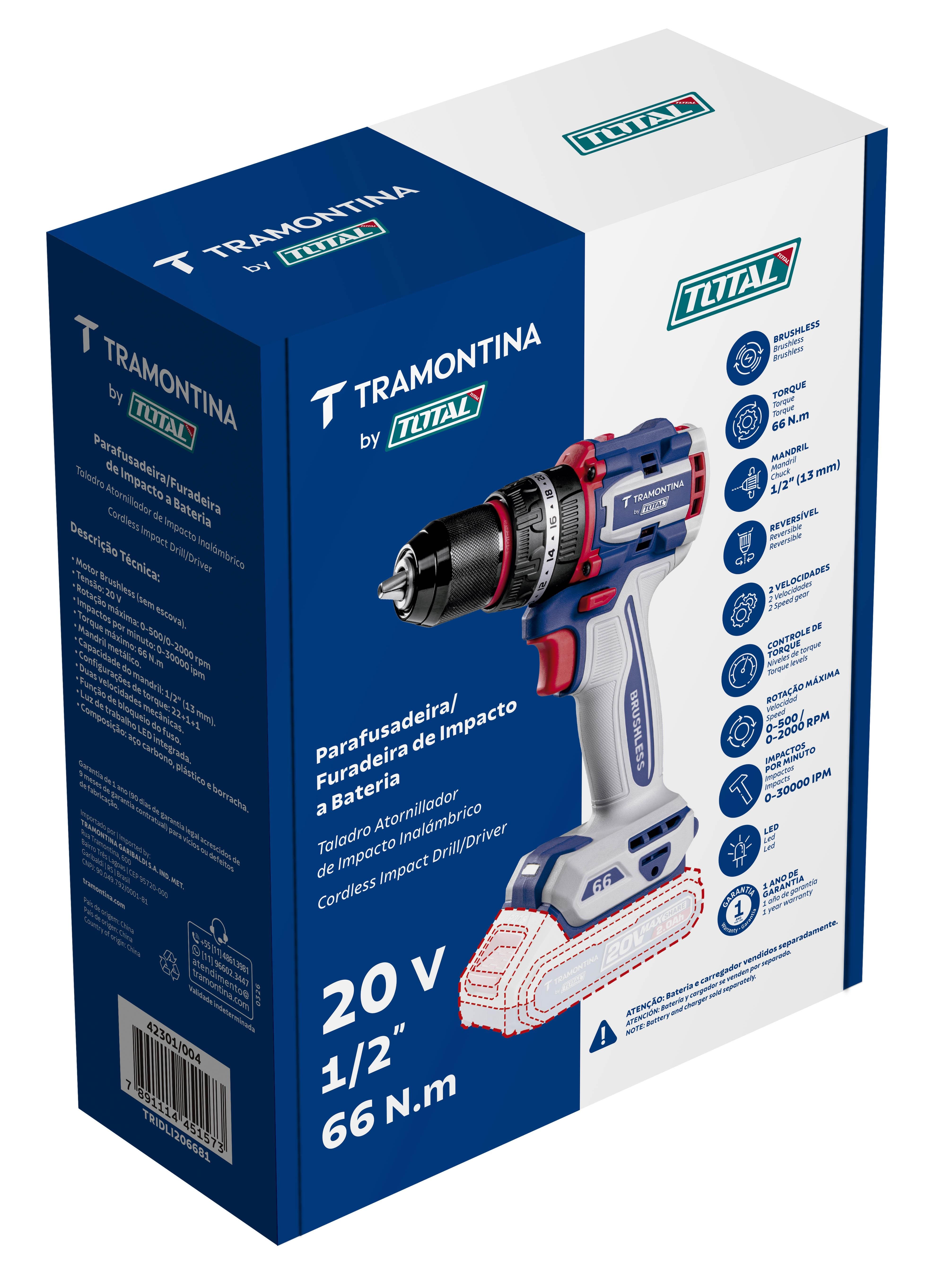 Parafusadeira Furadeira de Impacto Tramontina by TOTAL 20V Brushless 66 N.m Mandril 1/2" - 1