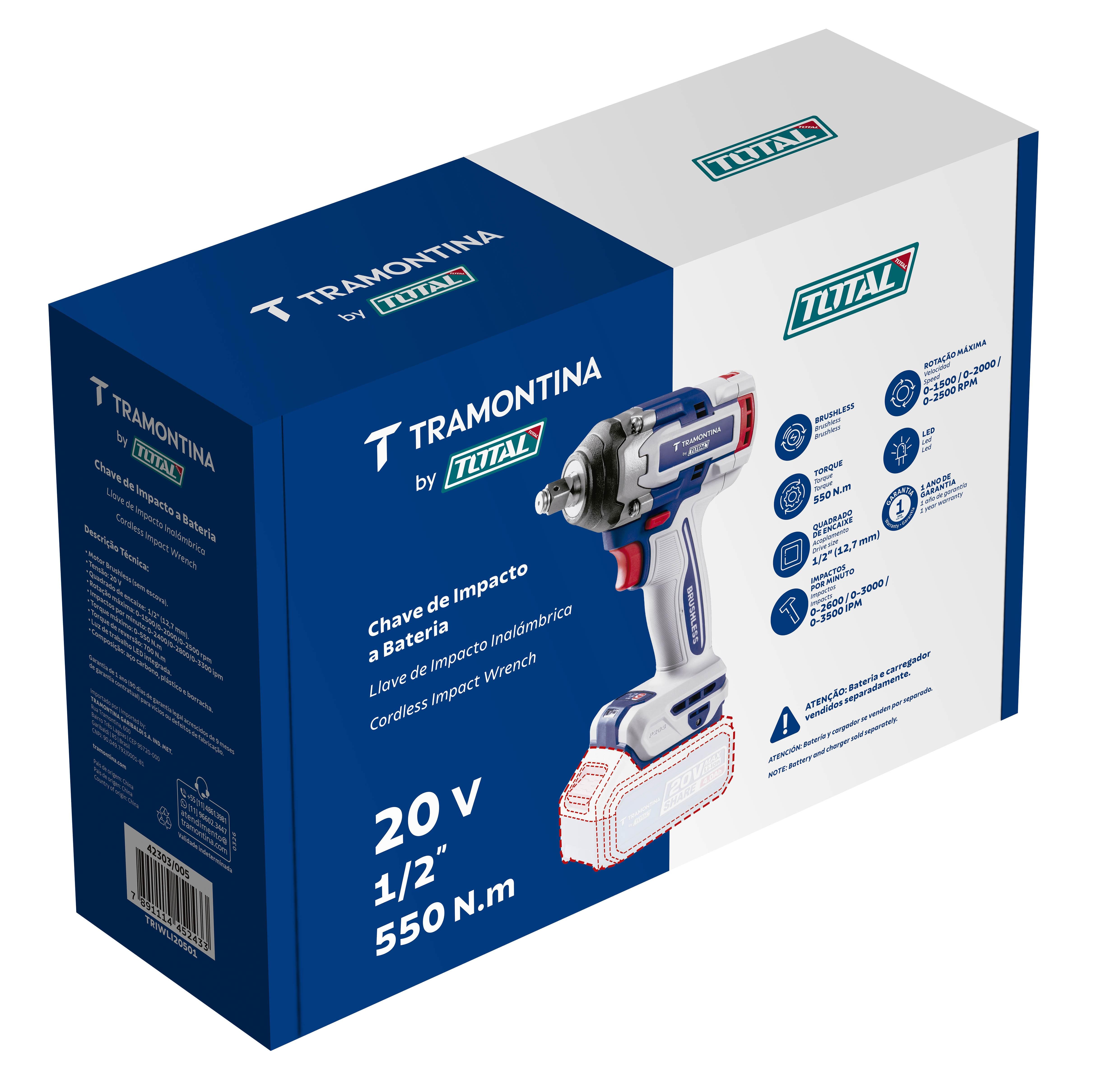 Chave de Impacto Tramontina by TOTAL 1/2" 20V 500 N.m Brushless com LED e Soquetes - 1