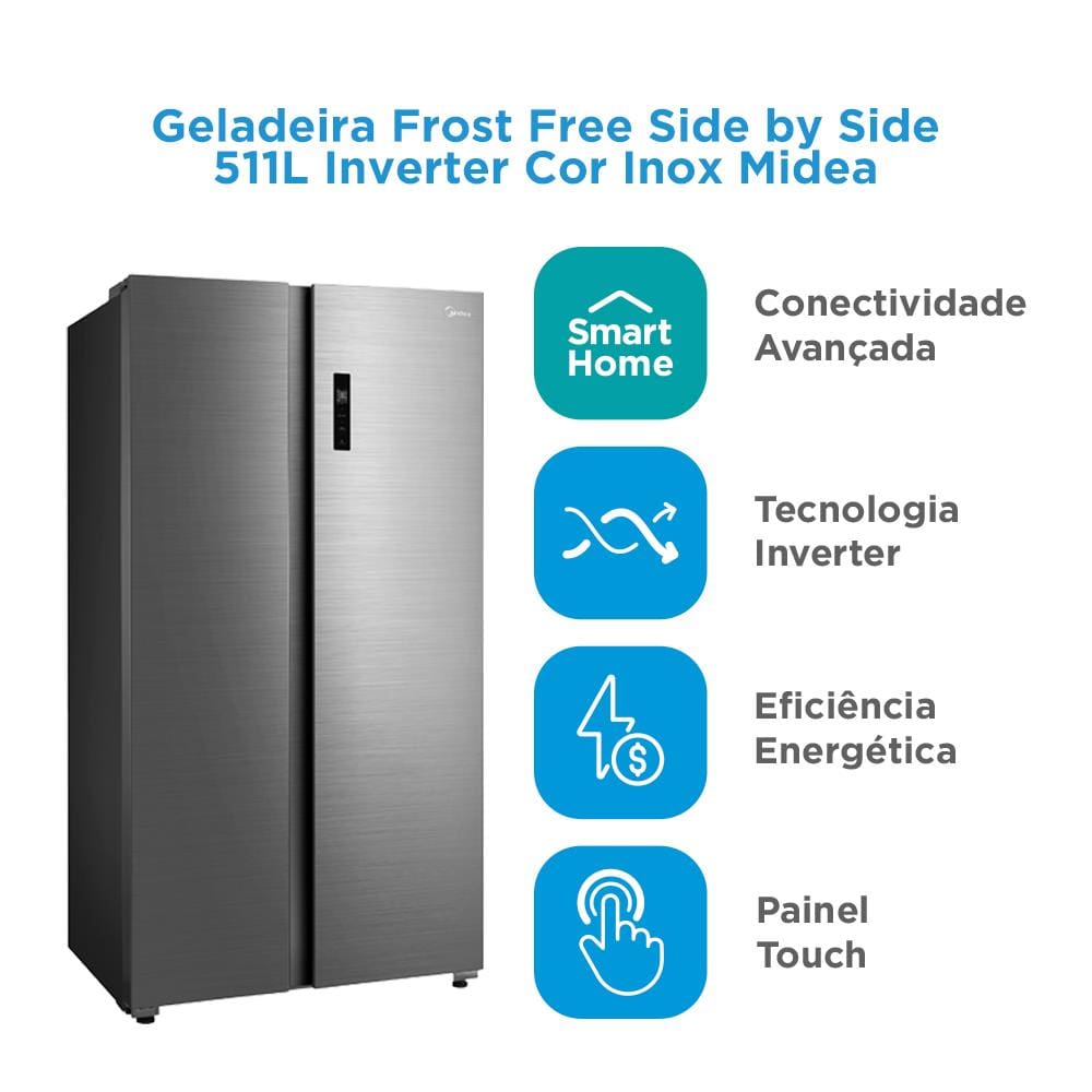 Geladeira Fost Free Side by Side Midea MD-RS710 511L Smart Inverter Wi-Fi Alexa Inox - 110V - 1