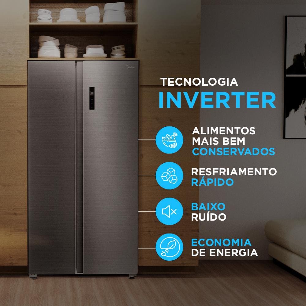 Geladeira Fost Free Side by Side Midea MD-RS710 511L Smart Inverter Wi-Fi Alexa Inox - 110V - 3