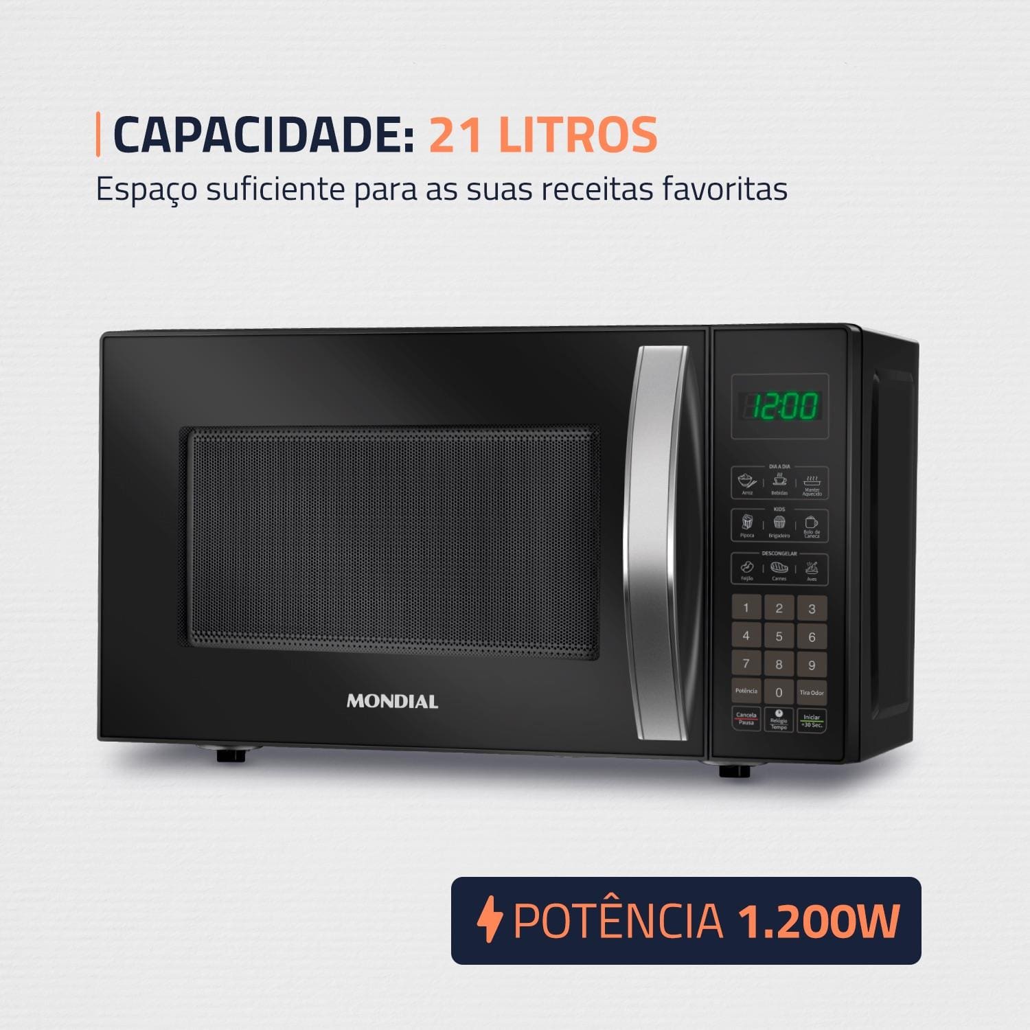 Micro-ondas Mondial 21 Litros 1200W Função Tira Odor e Manter Aquecido Preto - 220V - 1