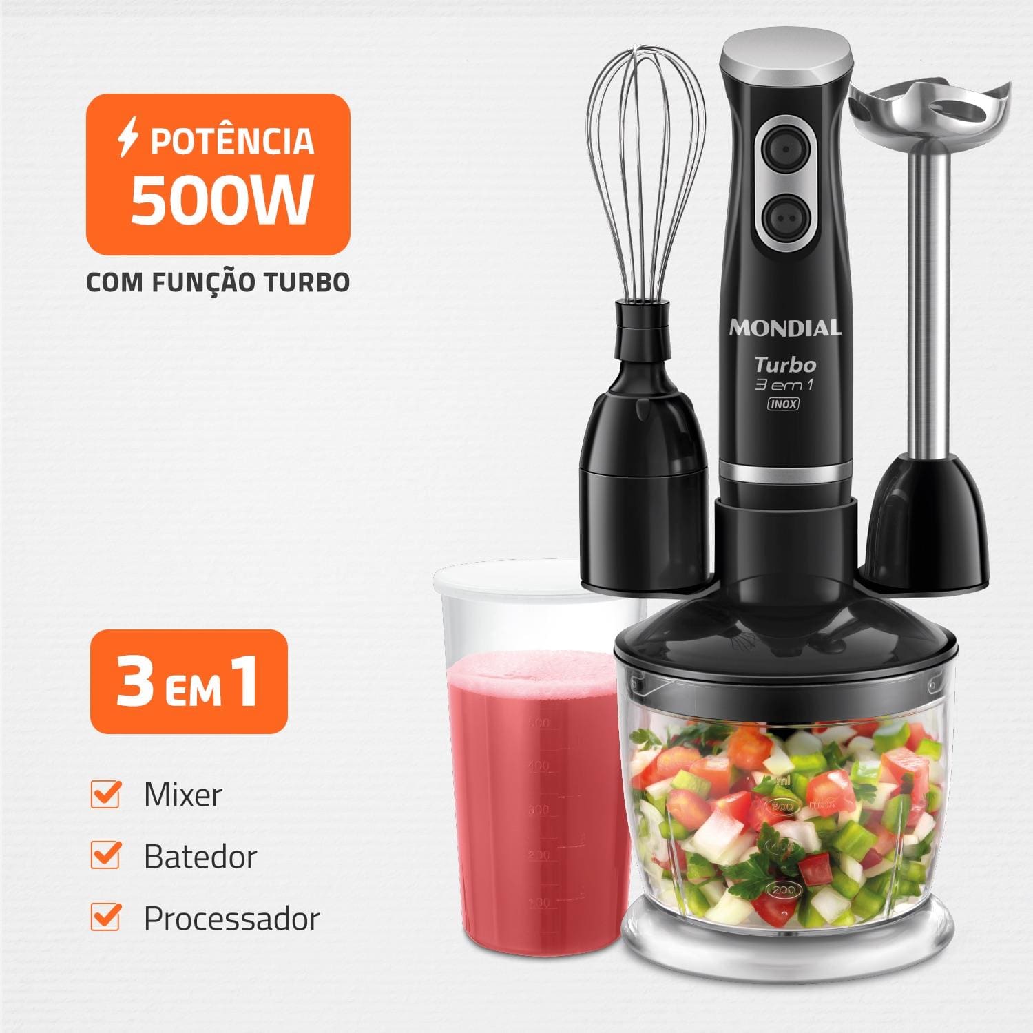 Mixer Mondial Turbo 3 em 1 Inox M-18-BI 500W Função Turbo - 110V - 1