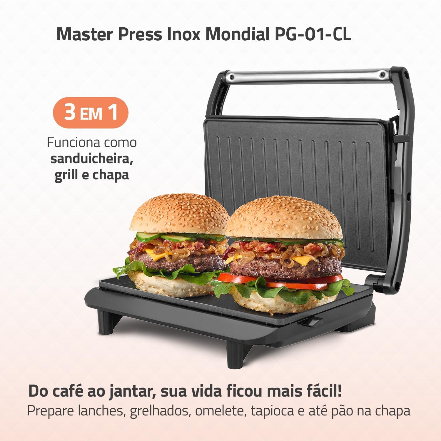 Sanduicheira e Grill Mondial Press PG-01-CL 1000W Chapa Antiaderente 3 em 1 Preto - 110V - 1