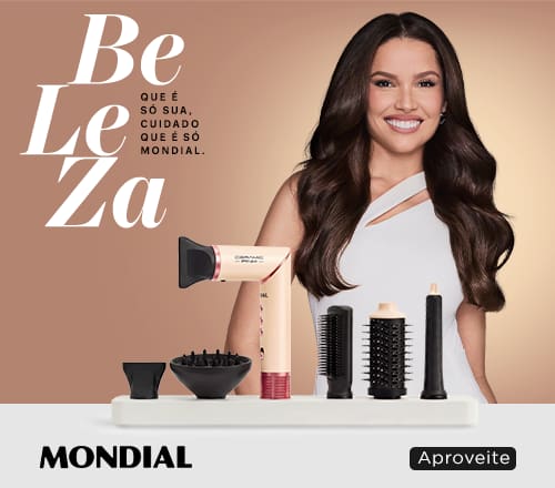 Banner Mondial com ofertas de beleza e a mensagem: "Beleza que é só sua, cuidado que é só Mondial"