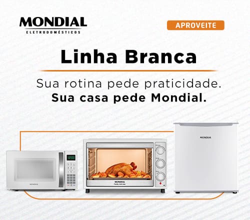 Banner com micro-ondas, forno elétrico e frigobar prata sobre fundo vermelho. No topo, o logotipo da marca e o slogan "Sua casa pede Mondial".