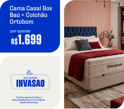 "Móveis Cama Casal Box Baú + Colchão Ortobom por apenas R$ 1.699,90 no cupom INVASÃO"