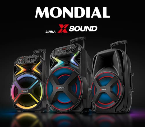 Banner da linha X Sound da Mondial, exibindo três modelos de caixas de som de festa com luzes de LED coloridas.