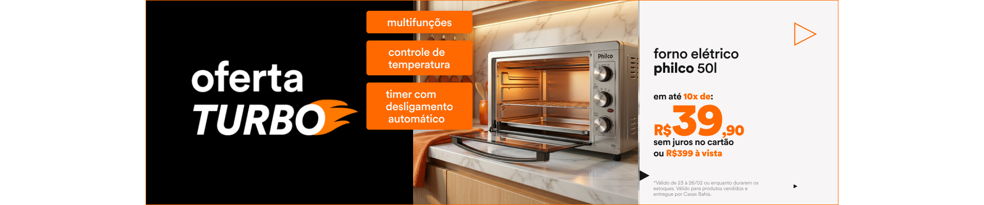 "Oferta Turbo Forno Elétrico 50 Litros MULTIFUNÇÕES CONTROLE DE TEMPERATURA TIMER COM DESLIGAMENTO AUTOMÁTICO 10x R$ 39,90 mensais sem juros no cartão ou R$ 399,00 à vista"