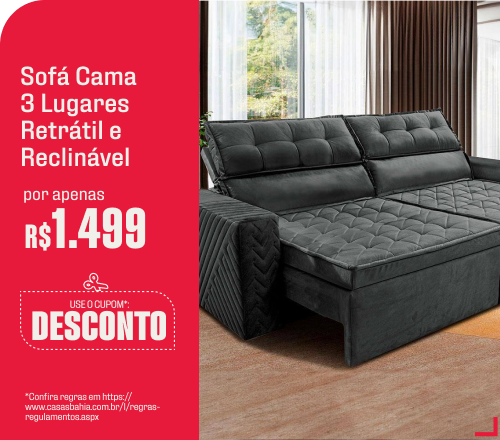 "Móveis 1 - Sofá Cama 3 Lugares Retrátil e Reclinável por apenas R$ 1.499 no cupom DESCONTO"