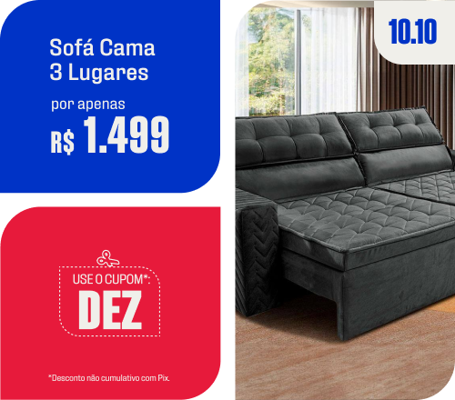 "Móveis 1 - Sofá Cama 3 Lugares Retrátil e Reclinável por apenas R$ 1.499 no cupom DEZ*"