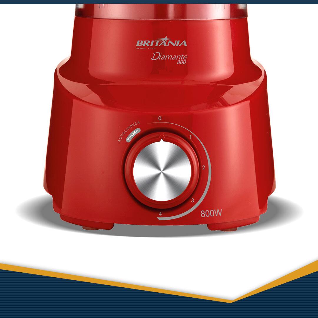 Liquidificador Britânia Diamante 800 base vermelha parte debaixo botão prata 800W