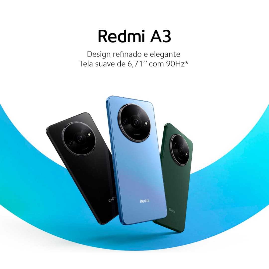 Design e Experiência Visual Imersiva O Smartphone Redmi A3 é ideal para quem busca praticidade e acessibilidade no seu dia a dia. Com um design moderno e uma tela ampla de 6,7 polegadas, proporciona uma experiência visual envolvente, perfeita para desfrutar de vídeos, fotos e navegação na web. Desempenho Eficiente e Sistema Leve Equipado com o processador MediaTek Helio G36, o Xiaomi Redmi oferece um desempenho excepcional para todas as suas atividades diárias. Desenvolvido para garantir fluidez e responsividade, mesmo em uso prolongado, e aliado ao sistema operacional Android 14, garante uma experiência de uso intuitiva e eficaz.
