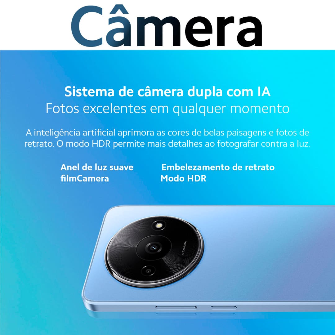 Design e Experiência Visual Imersiva O Smartphone Redmi A3 é ideal para quem busca praticidade e acessibilidade no seu dia a dia. Com um design moderno e uma tela ampla de 6,7 polegadas, proporciona uma experiência visual envolvente, perfeita para desfrutar de vídeos, fotos e navegação na web. Desempenho Eficiente e Sistema Leve Equipado com o processador MediaTek Helio G36, o Xiaomi Redmi oferece um desempenho excepcional para todas as suas atividades diárias. Desenvolvido para garantir fluidez e responsividade, mesmo em uso prolongado, e aliado ao sistema operacional Android 14, garante uma experiência de uso intuitiva e eficaz.